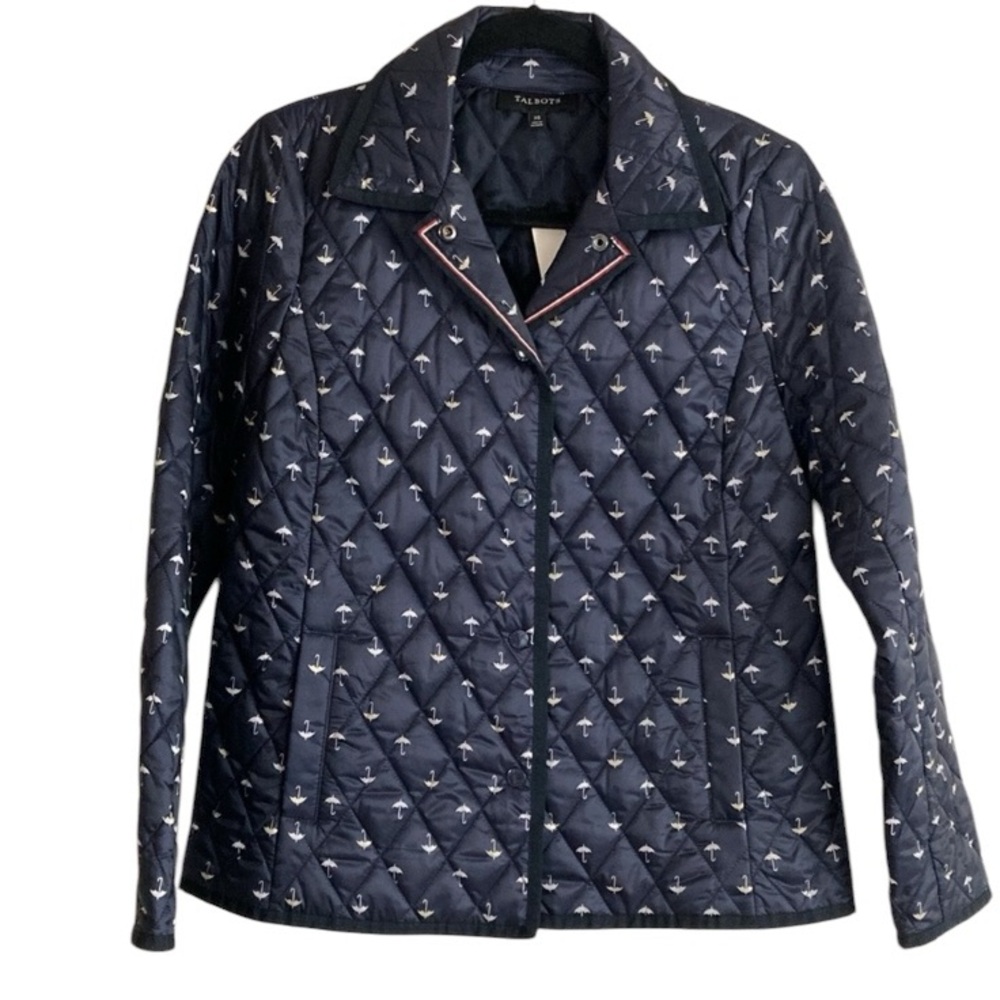 NWT Talbots Navy Quilted Utility Jacket, Umbrella Print, size XS